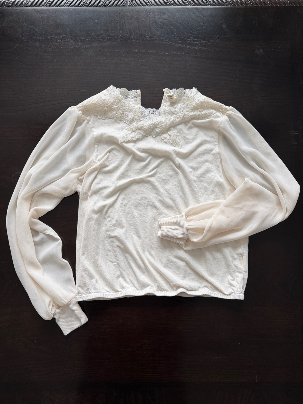 Women's Anthropologie Cream Lace-Trim Long Sheer Sleeve Top